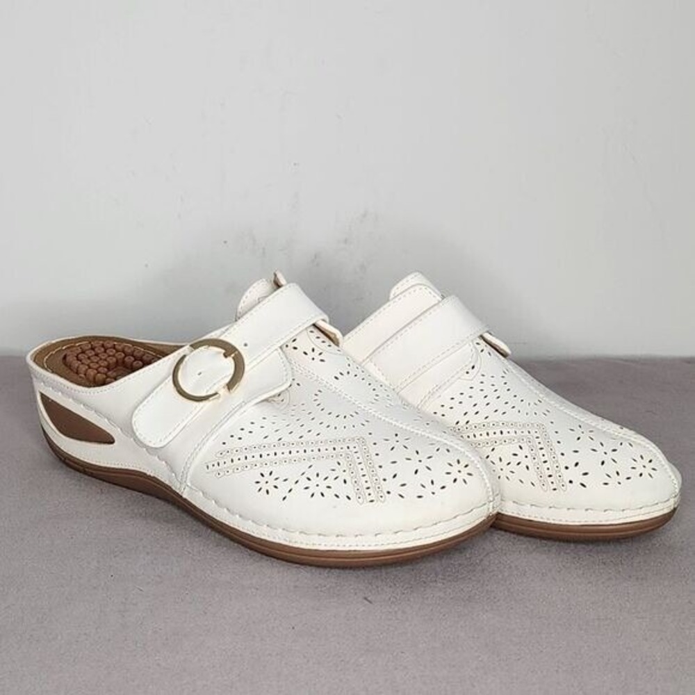 Alicegana White Laser Cut Floral Massage Footbed Clogs Mules Buckle EU 37 US 6.5